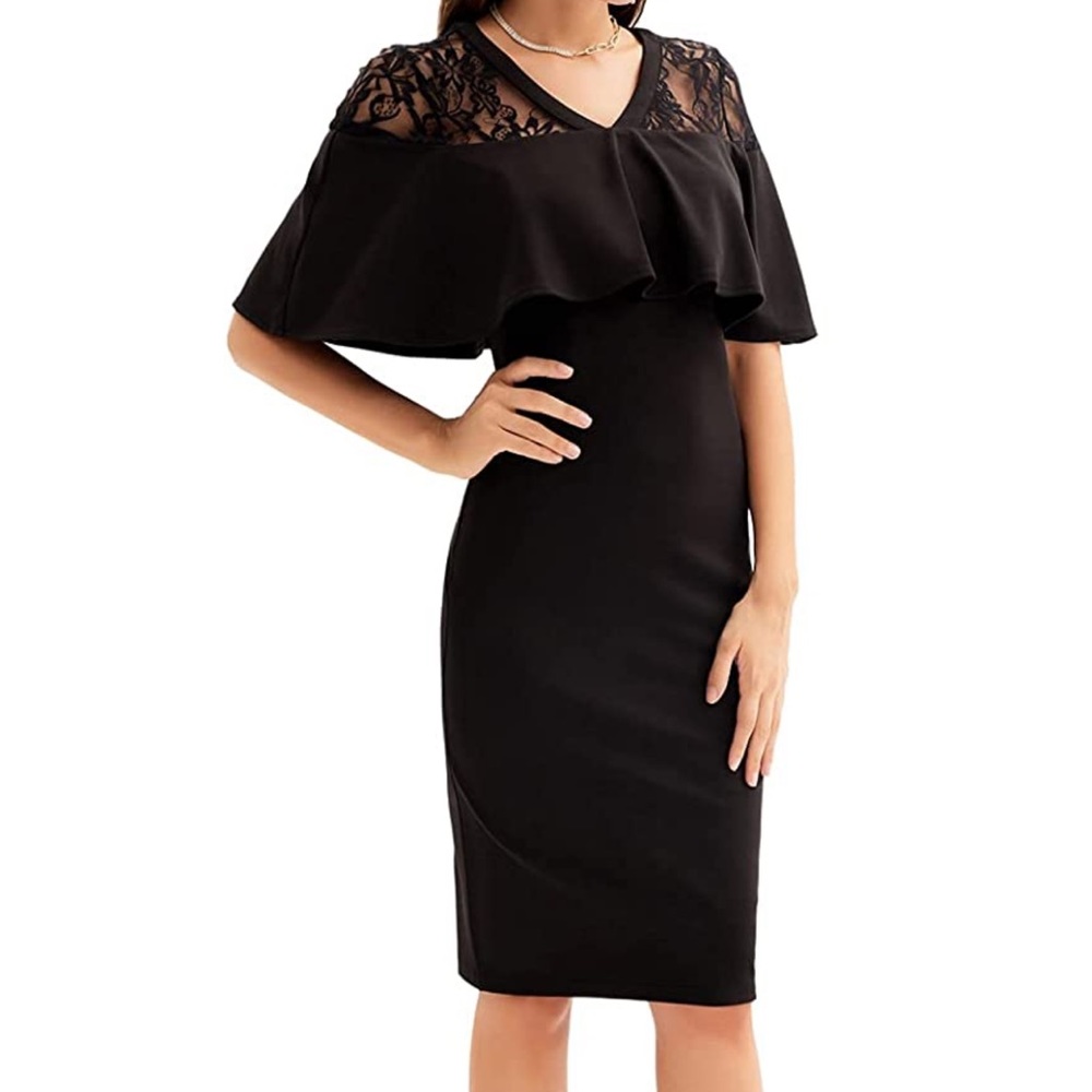 NWT Black dress cape style with lace upper LBD flattering stretchy wedding
